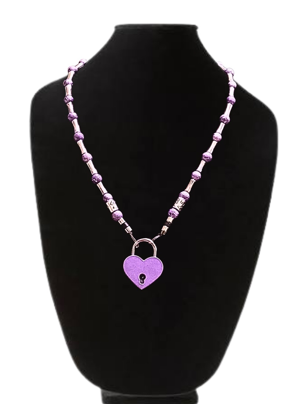 Purple Heart Lock Beaded Necklace and Key Dangle